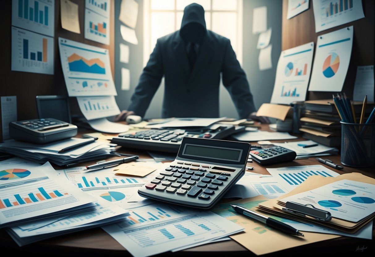 A cluttered desk with scattered paperwork and a calculator surrounded by charts and graphs, with a shadowy figure looming in the background