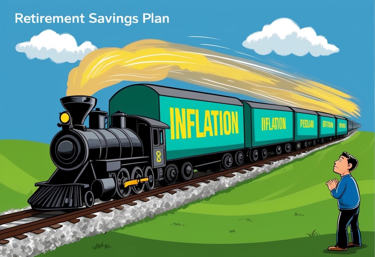 A retirement savings plan being derailed by a speeding train labeled "Inflation," while a person looks on in distress