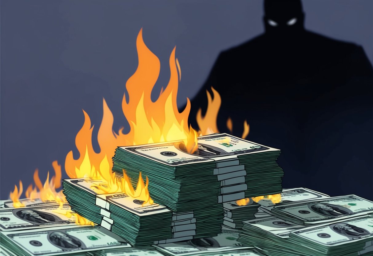 A stack of dollar bills being slowly consumed by flames, with a shadowy figure looming in the background