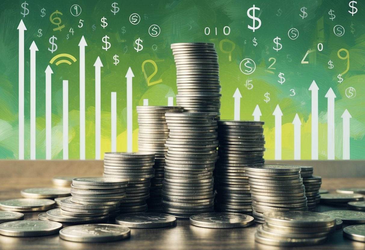 A stack of coins gradually shrinking in size as they are surrounded by rising numbers and symbols representing inflation