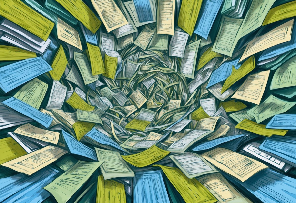A maze of tangled financial documents reveals hidden fees in 401(k) plans