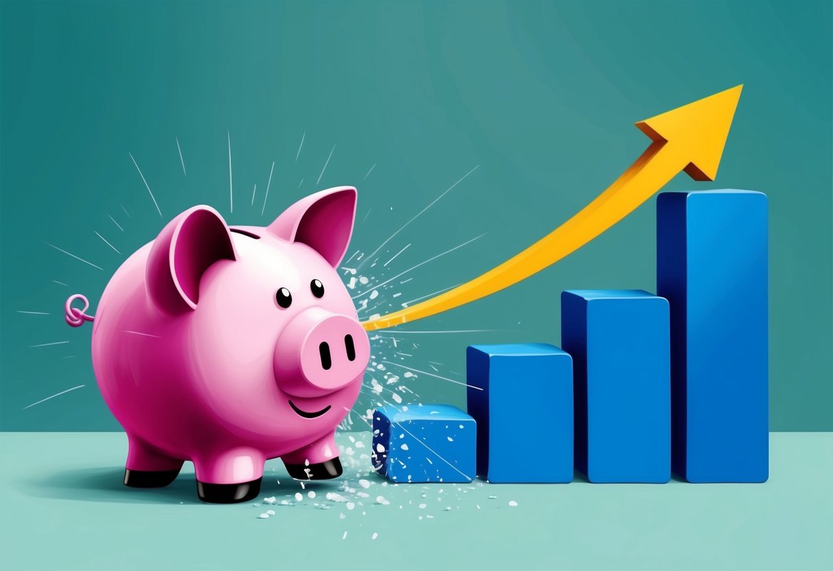 A piggy bank being crushed by a rising graph, symbolizing the impact of inflation on retirement savings