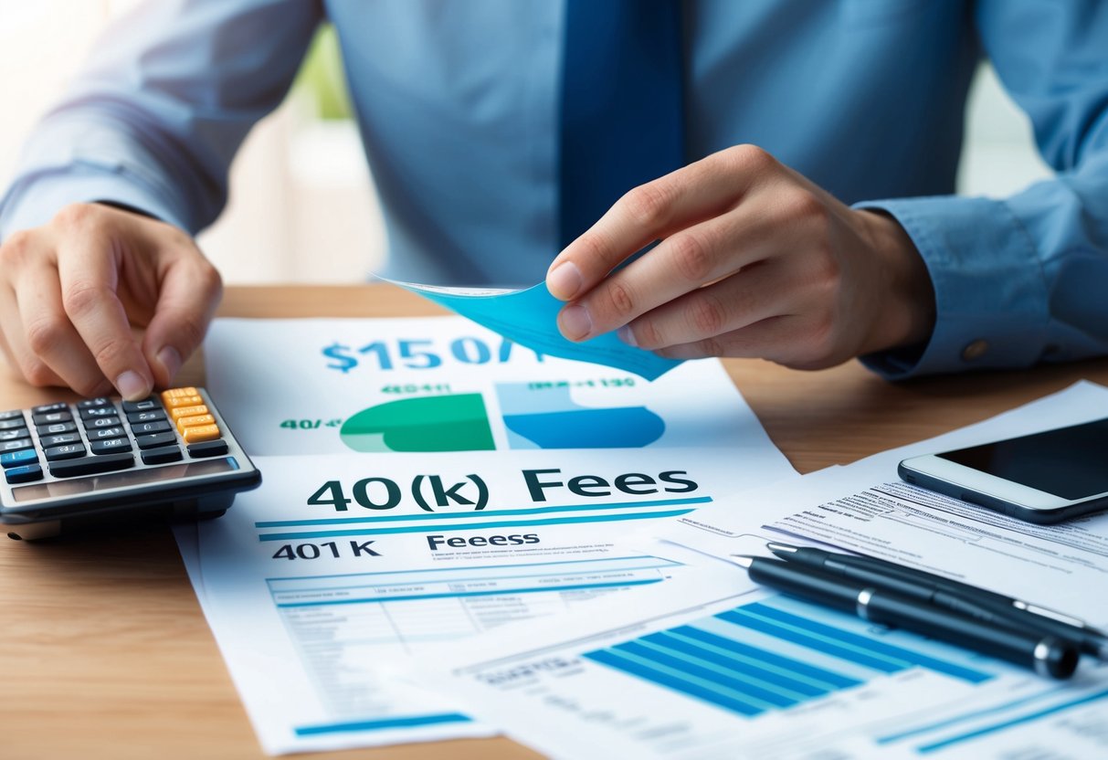 A person carefully examining a detailed breakdown of 401(k) fees, with a calculator and financial documents spread out on a desk