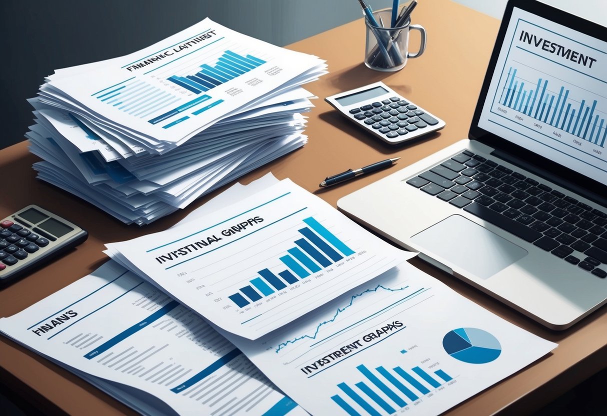 A stack of financial documents and charts spread out on a desk, with a calculator and pen nearby. A laptop displaying investment graphs sits open next to the papers