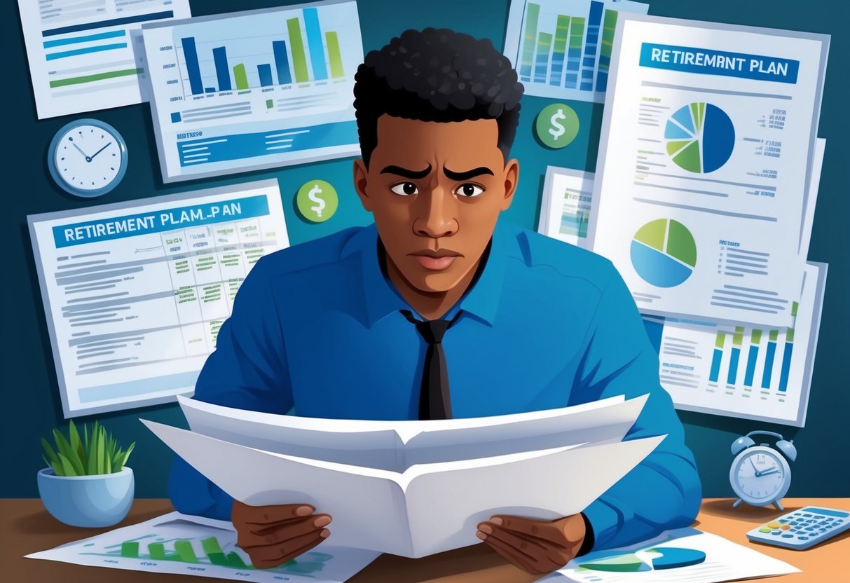 A person reviewing financial documents with a concerned expression, surrounded by charts, graphs, and retirement plan information