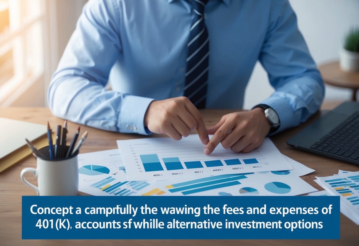 A person carefully comparing the fees and expenses of 401(k) retirement accounts while considering alternative investment options