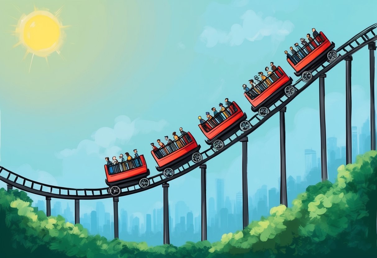 A roller coaster plunging downward, representing the unpredictable ups and downs of market volatility on retirement savings