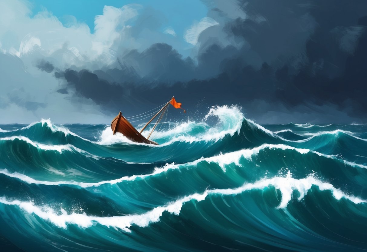 A stormy sea with a small boat struggling against the waves, representing the potential danger of market volatility to retirement savings