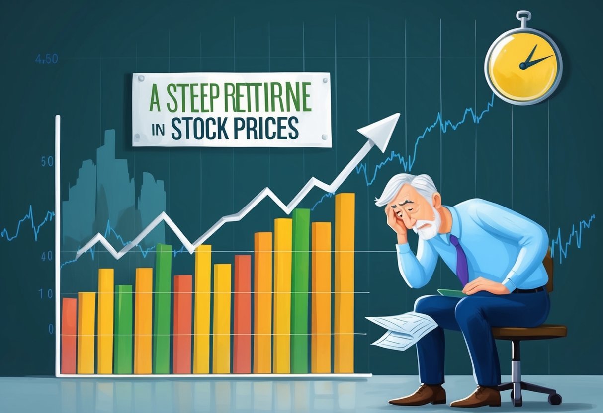 A graph showing a steep decline in stock prices, with a worried retiree looking at their dwindling retirement savings
