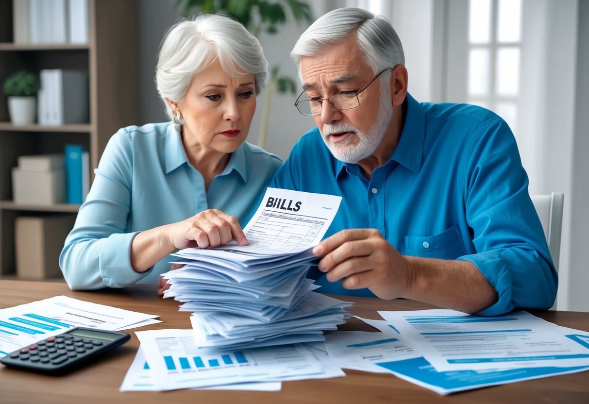 A senior couple looking at a pile of medical bills, with worried expressions on their faces. A calculator and retirement plan documents are scattered on the table