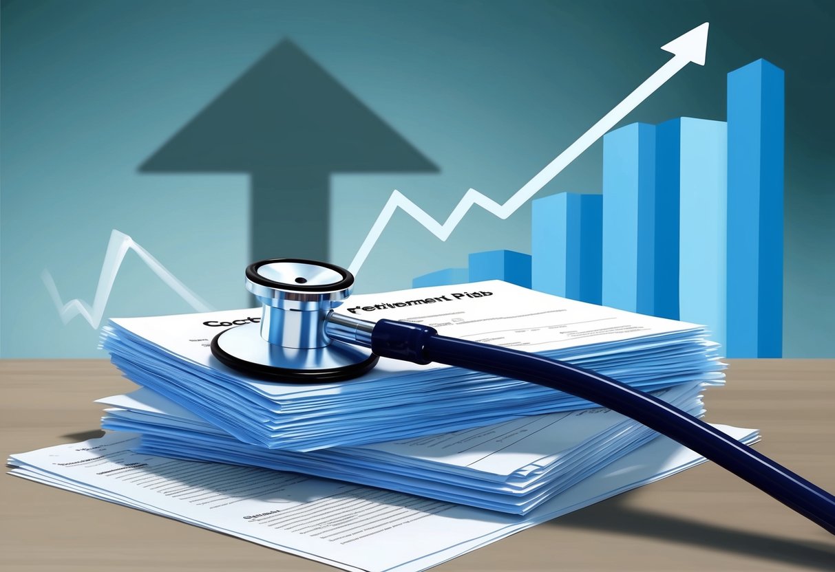 A doctor's stethoscope resting on a stack of retirement plan documents, with a shadow of a looming healthcare cost graph in the background