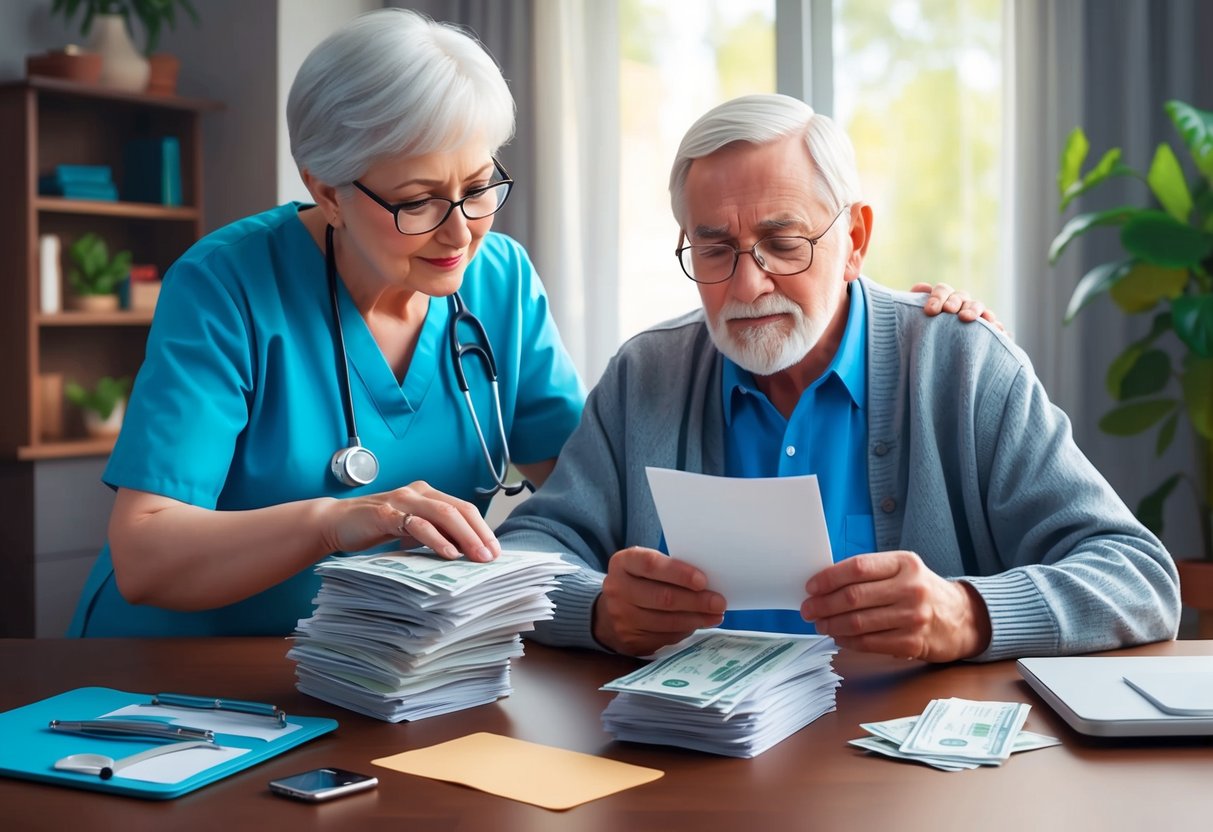 A senior couple looks at a stack of medical bills while a caregiver assists with daily tasks, highlighting the financial burden and need for long-term care in retirement