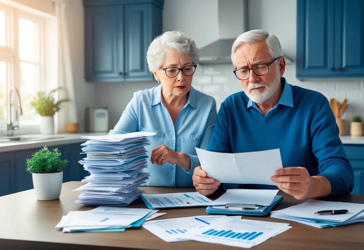 A senior couple looks worried while reviewing a stack of medical bills and retirement plan documents at their kitchen table