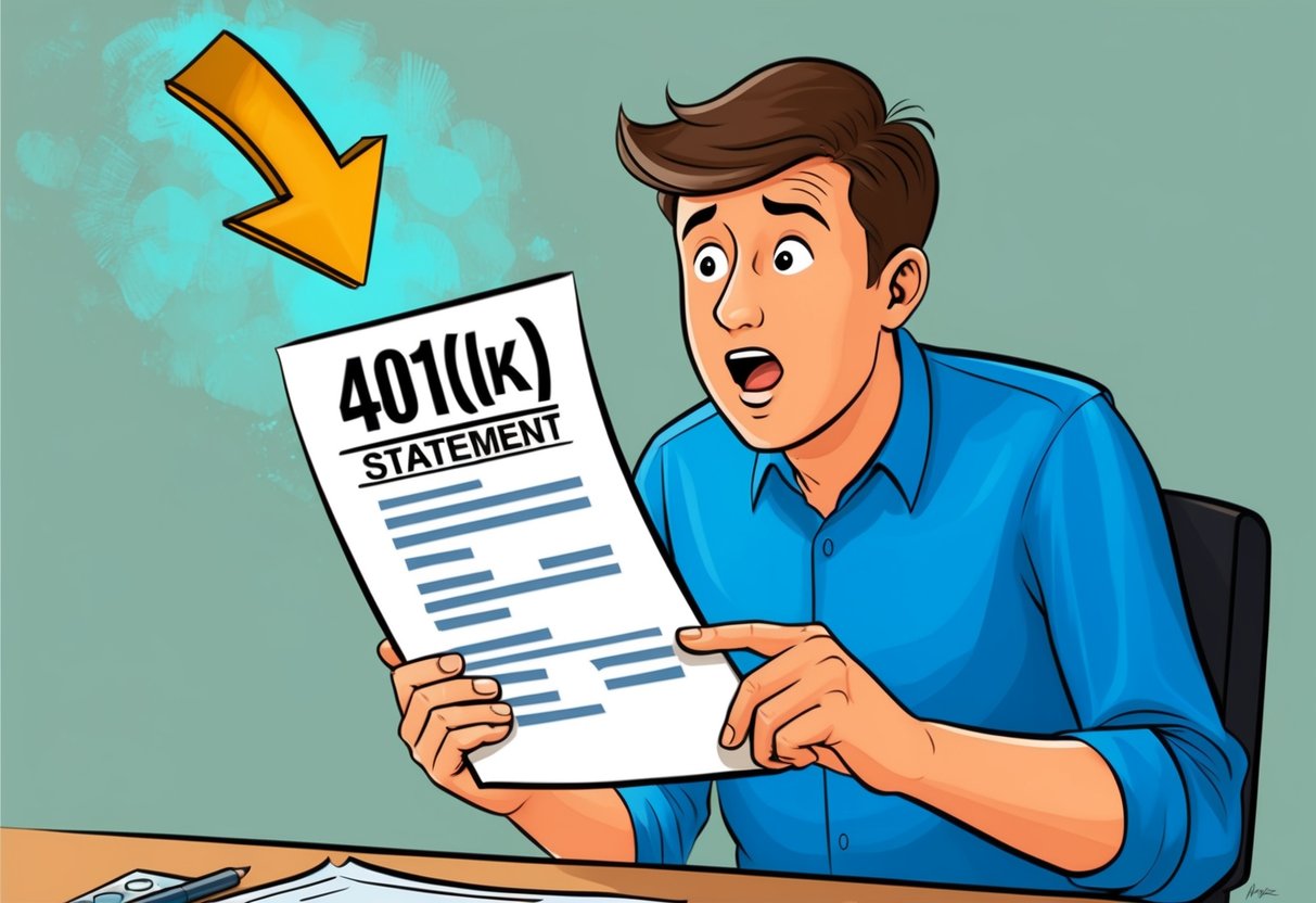 A person looking at their 401(k) statement with a surprised expression, while a downward arrow symbolizes the danger of overestimating returns