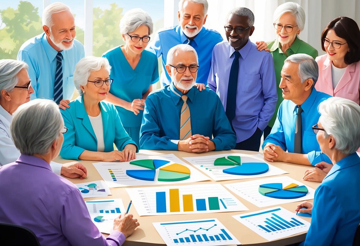 A group of elderly individuals gathered around a table, discussing healthcare costs, with charts and graphs spread out in front of them