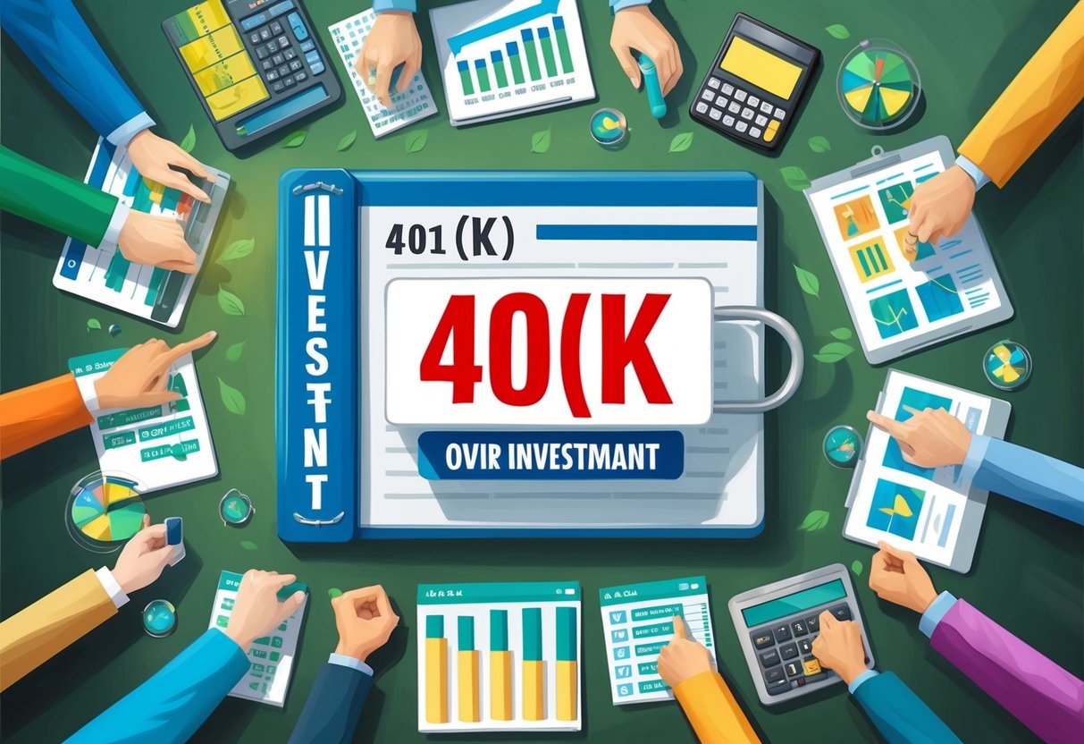 A 401(k) plan surrounded by various investment options, with a warning sign symbolizing the danger of overestimating returns