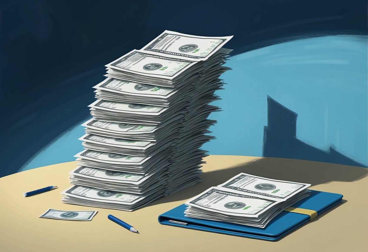 A stack of medical bills towering over a traditional retirement plan, casting a shadow of financial burden
