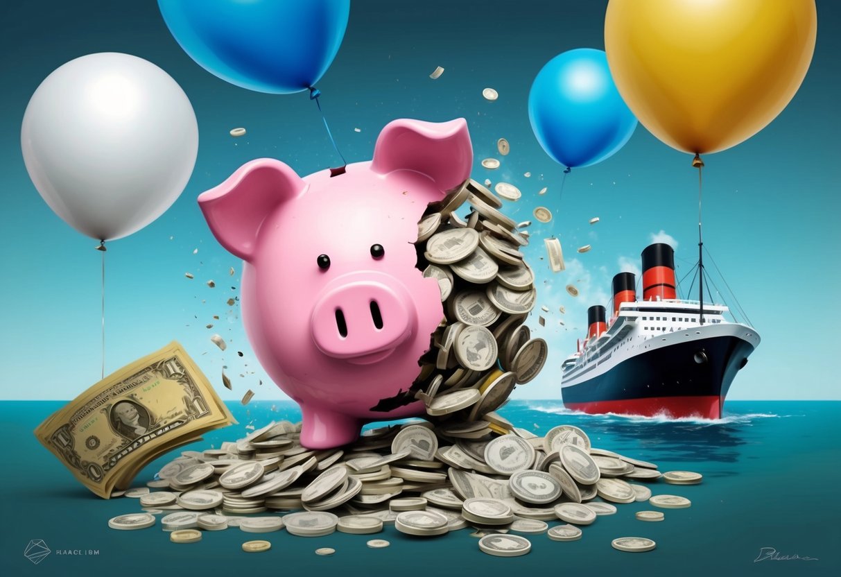 A crumbling piggy bank surrounded by deflating balloons and a sinking ship, symbolizing the risks of overestimating 401(k) returns
