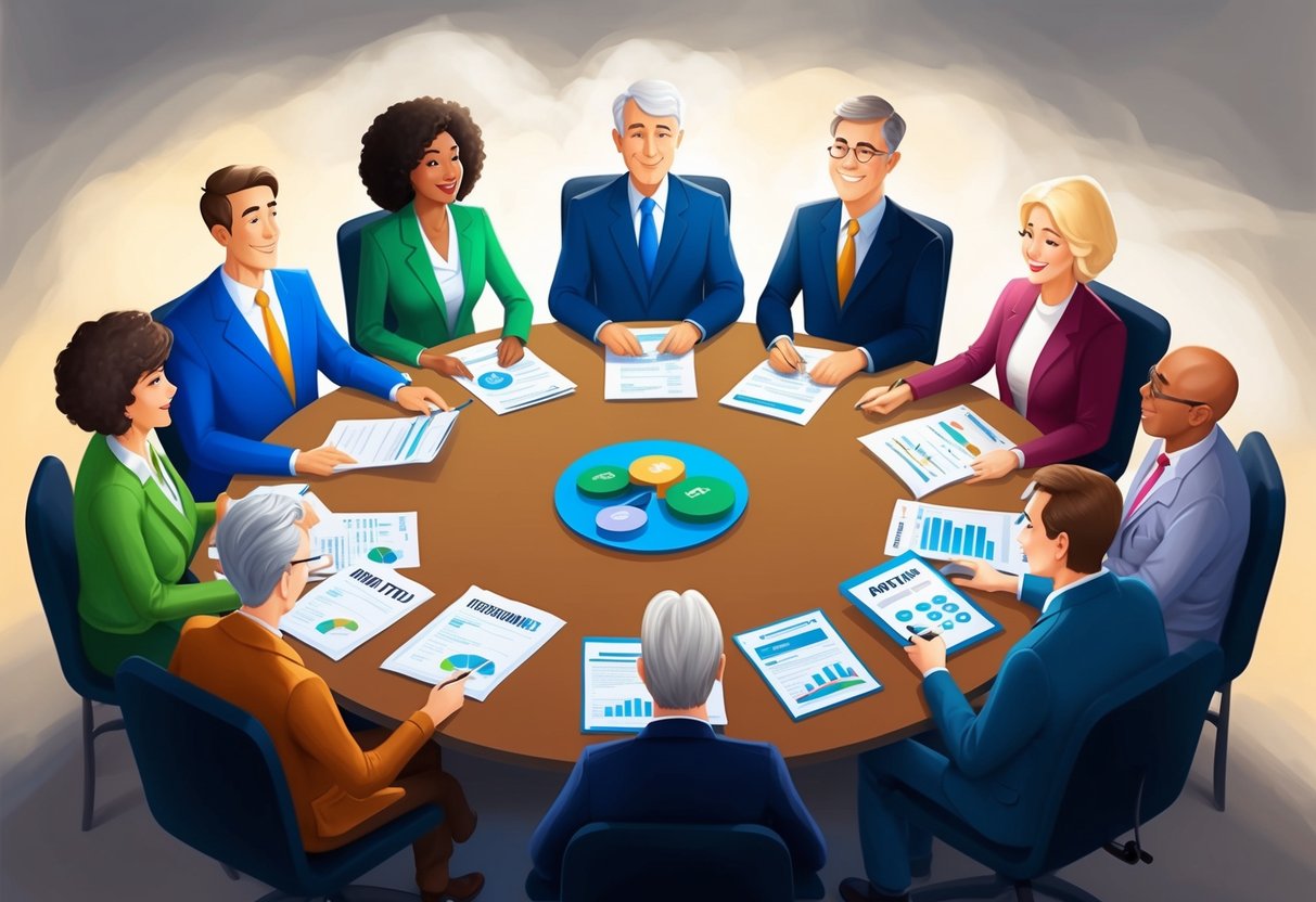 A diverse group of individuals sitting at a round table, each with different financial documents and retirement plans spread out in front of them