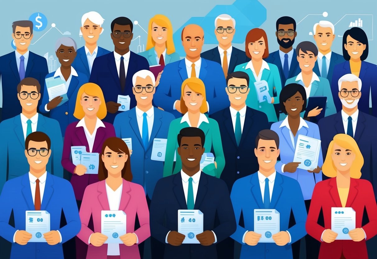 A diverse group of individuals with varying financial backgrounds and goals, each holding different financial assets and documents