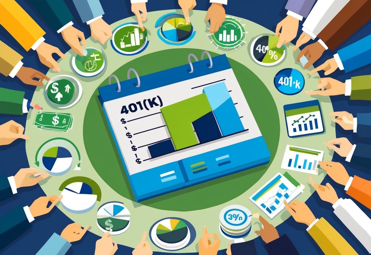 A diverse portfolio of income sources surrounds a 401(k) plan, with various investment symbols and charts representing potential returns
