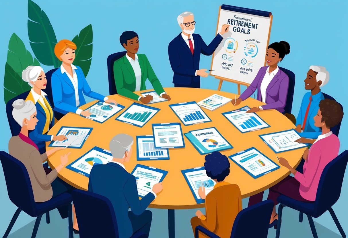 A group of diverse individuals sit around a table, each with their own unique set of financial documents and retirement goals. An advisor stands at a whiteboard, tailoring a personalized retirement plan for each person