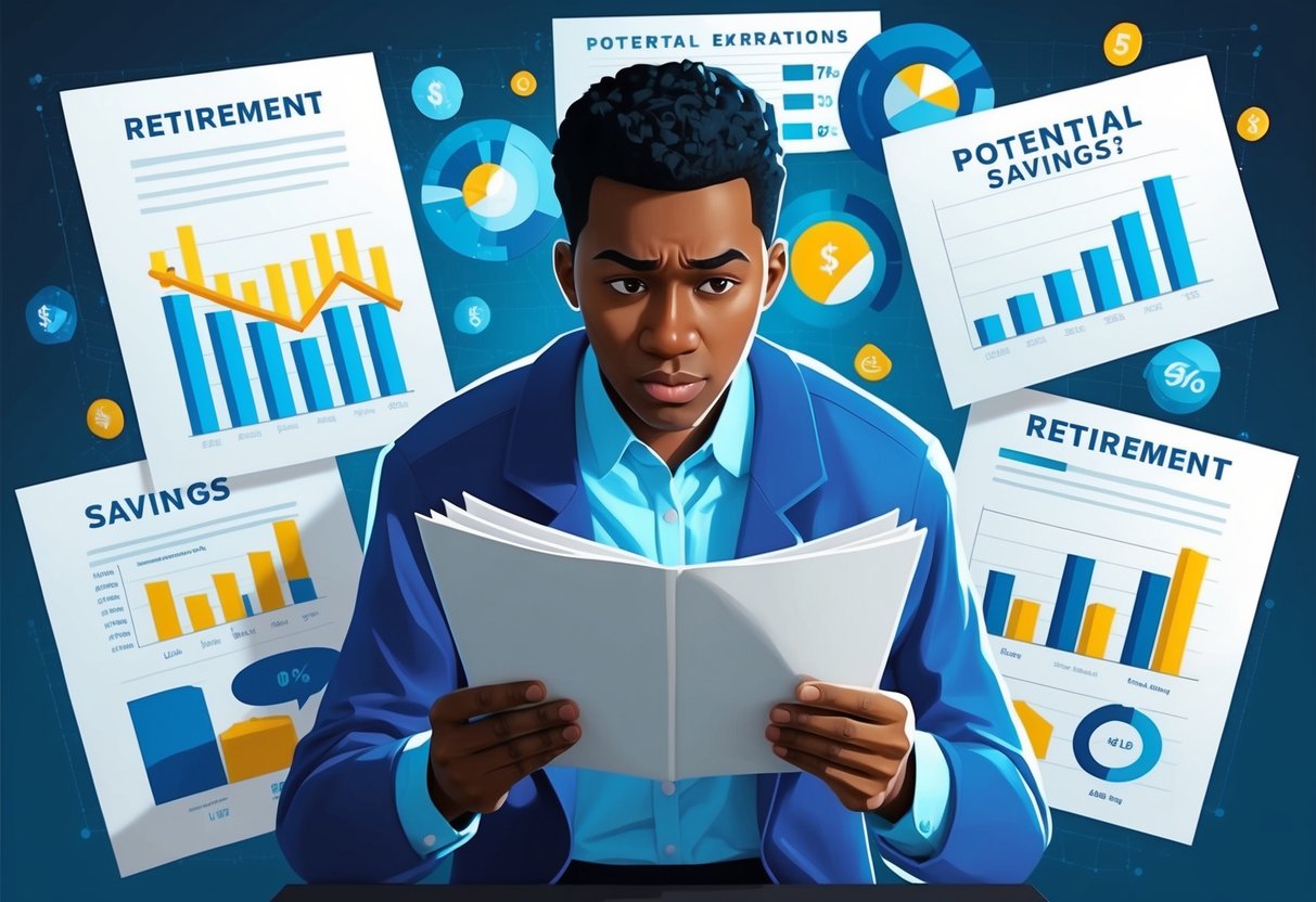 A person reviewing financial documents with a concerned expression, surrounded by graphs and charts showing potential retirement savings