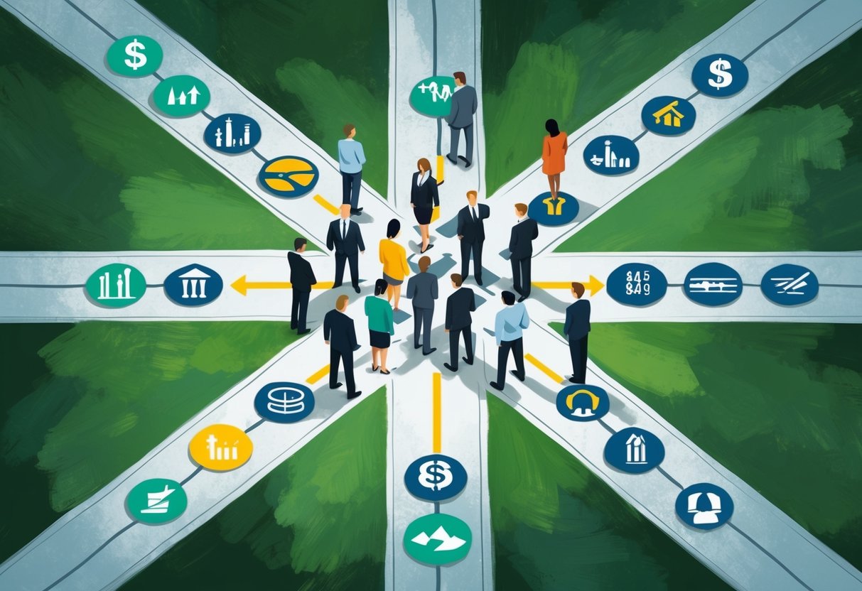 A group of people stand at a crossroads, with multiple paths leading in different directions. Each path is marked with various symbols representing different financial risks and variables