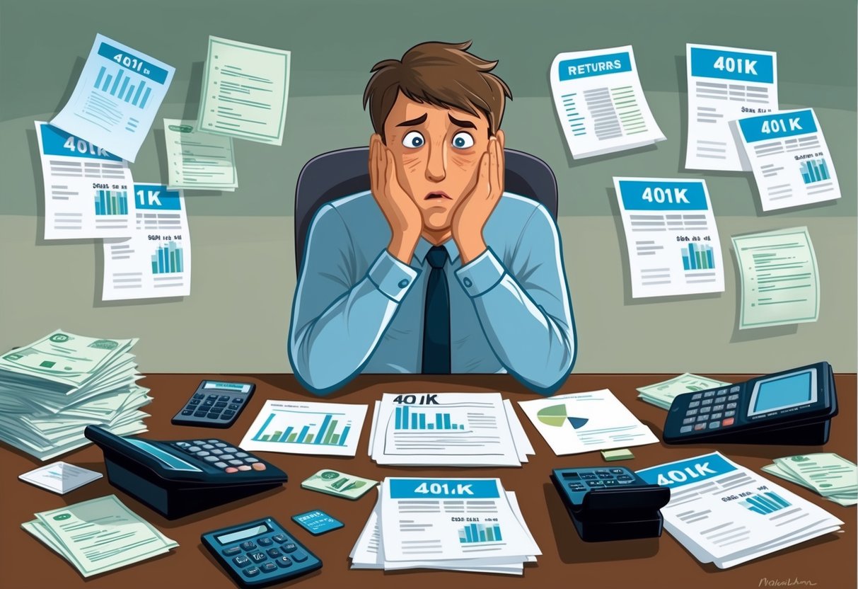 A person sitting at a desk surrounded by financial documents and calculators, with a worried expression on their face as they review their 401(k) returns