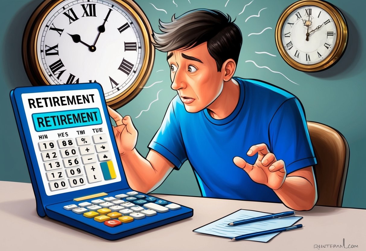 A confused person looking at a retirement calculator with misleading information, while a traditional clock in the background shows time passing