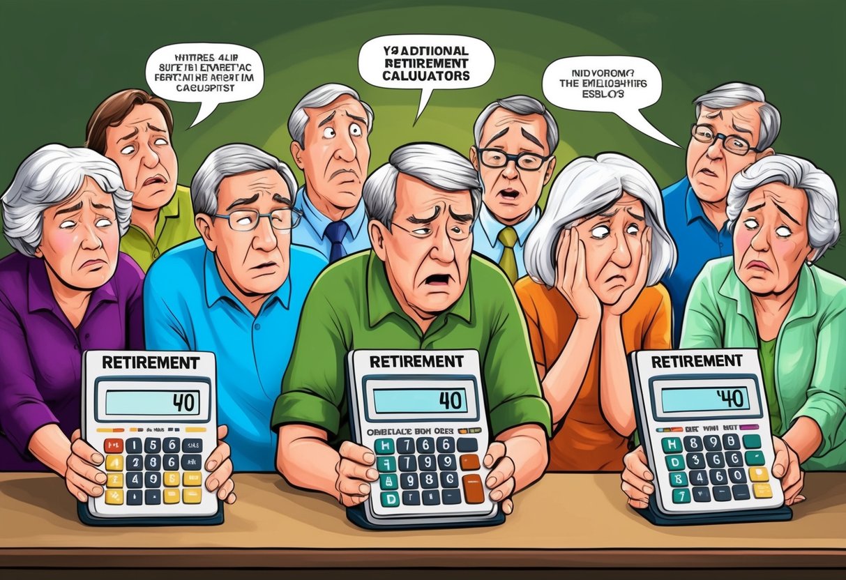 A group of people over 40 looking confused while using traditional retirement calculators. Their puzzled expressions show their frustration with the misleading results