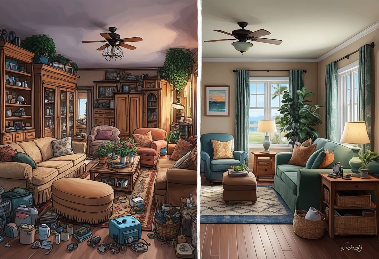 A cozy, cluttered home with oversized furniture and unnecessary items, contrasted with a smaller, organized living space with essential belongings for retirement