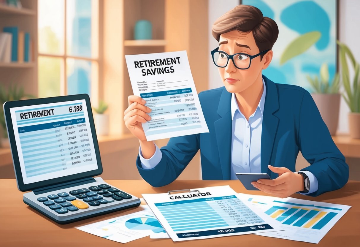A person reviewing retirement savings documents and calculator results, with a puzzled expression