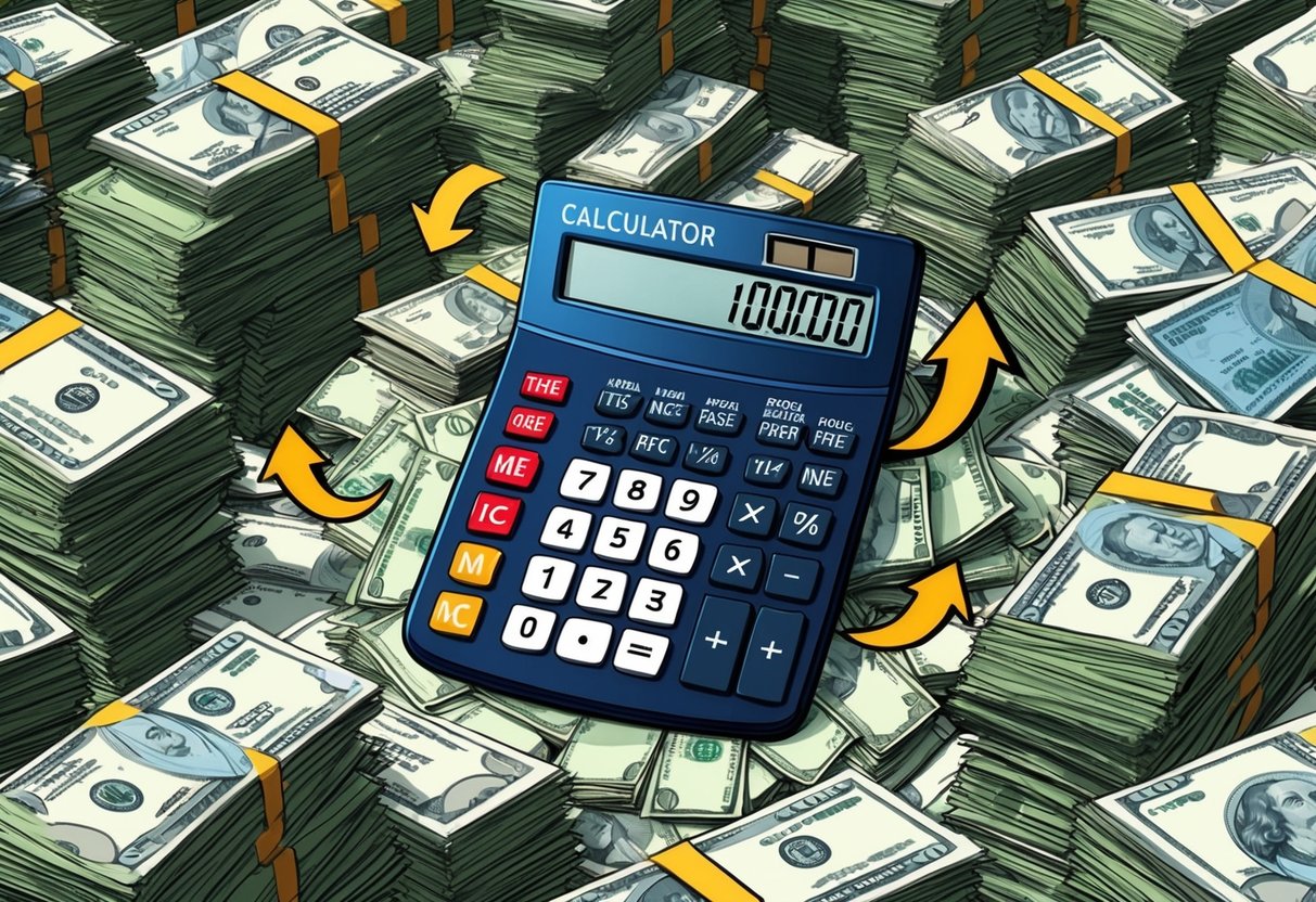 A calculator surrounded by piles of money, stocks, and real estate, with arrows pointing to the calculator, illustrating the misleading nature of traditional retirement calculations