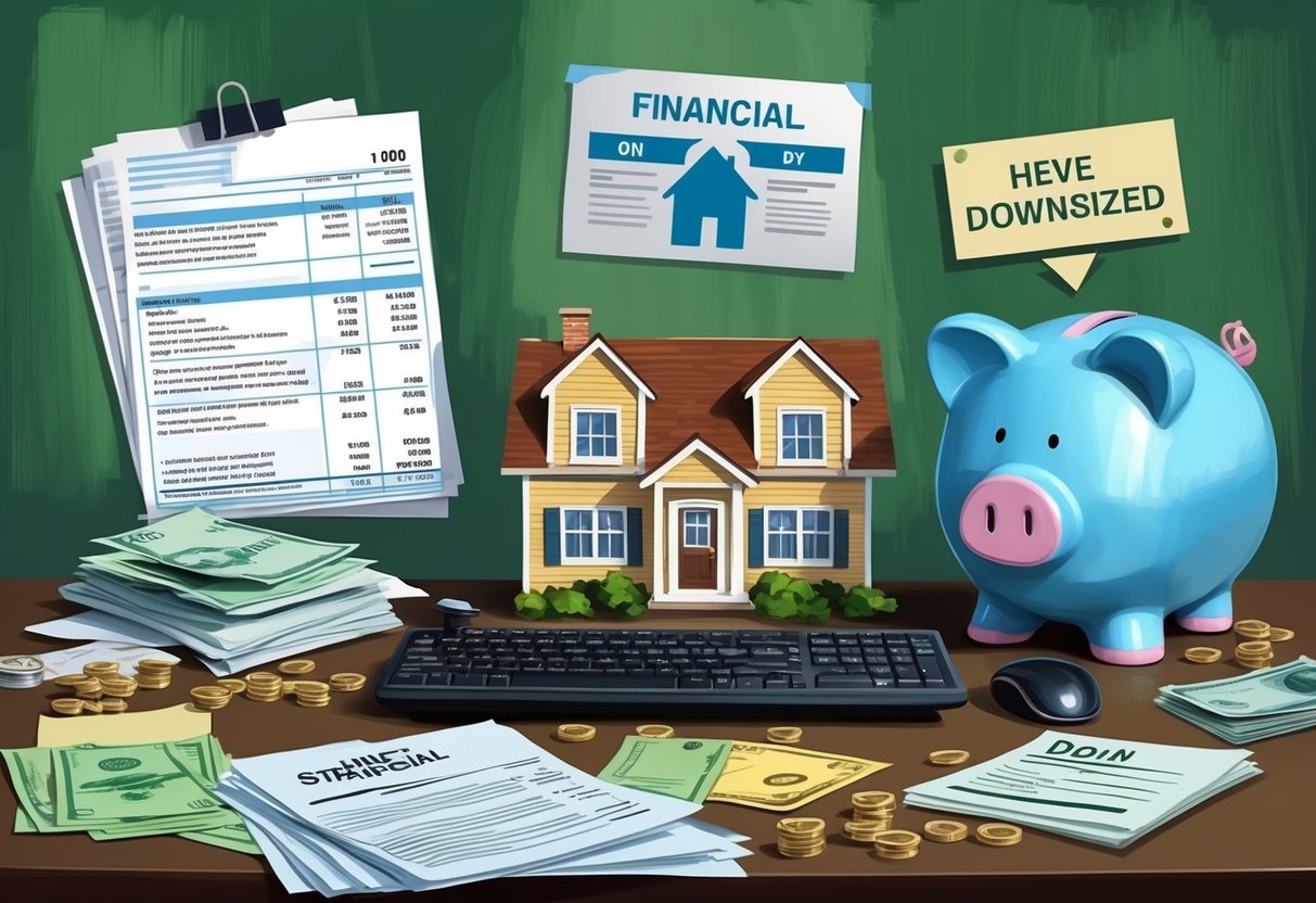 A cluttered desk with bills and financial statements, a small house being downsized, and a piggy bank with only a few coins inside