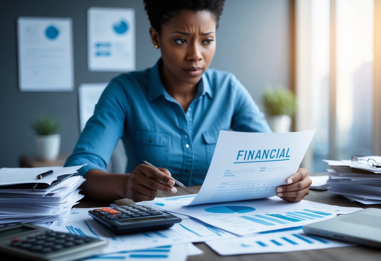 A person reviewing financial documents with a concerned expression, surrounded by scattered papers and a calculator