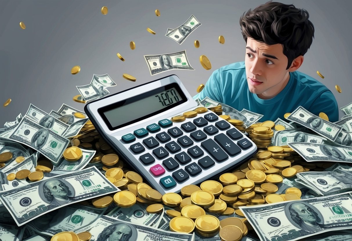 A calculator surrounded by scattered bills and coins, with a confused person looking at it