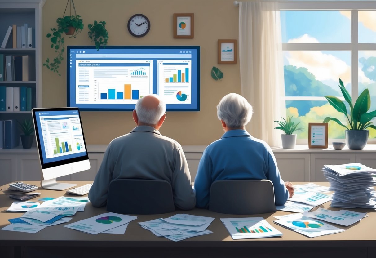A serene elderly couple sitting at a table reviewing retirement plans with scattered financial documents and a computer screen displaying investment portfolios