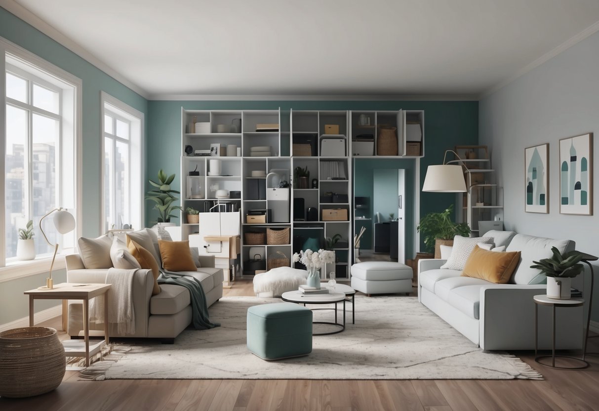 A cluttered, spacious home with excess furniture and belongings being downsized into a smaller, more organized space with minimalistic decor and efficient storage solutions