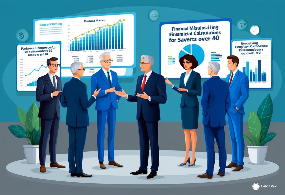 A group of financial experts discussing retirement planning, surrounded by charts and graphs showing misleading calculations for savers over 40