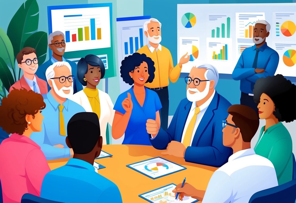 A diverse group of people discussing retirement plans with charts and graphs in the background