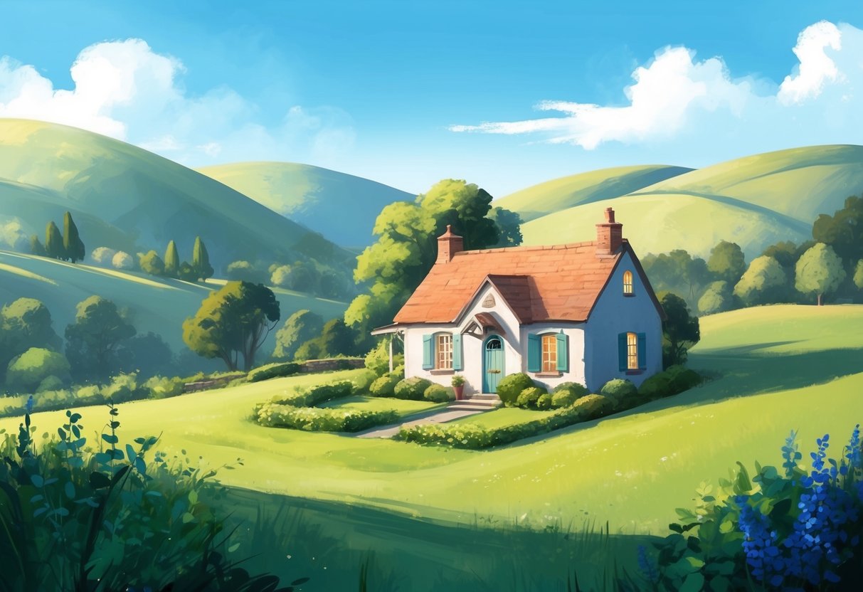 A serene countryside with a small, cozy home and a lush garden, surrounded by rolling hills and a clear blue sky
