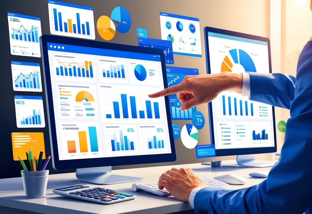 A diverse group of financial charts and graphs displayed on a computer screen, with a hand adjusting settings on a retirement planning software interface