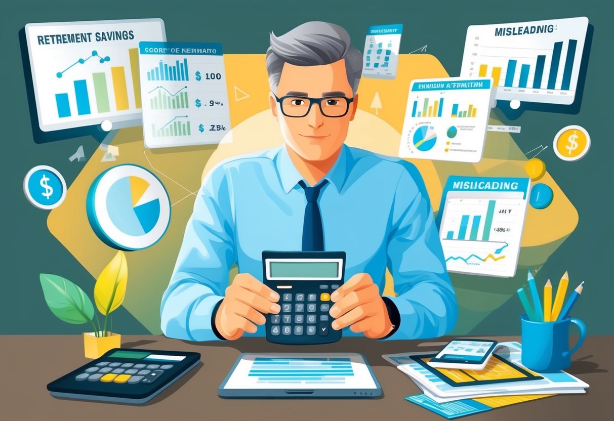 A person in their 40s reviewing retirement savings with a calculator, surrounded by misleading financial charts and graphs