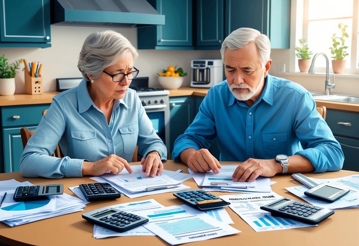 A retired couple sits at a kitchen table surrounded by paperwork, calculators, and financial documents. They appear stressed as they discuss insurance and tax considerations for downsizing their lifestyle