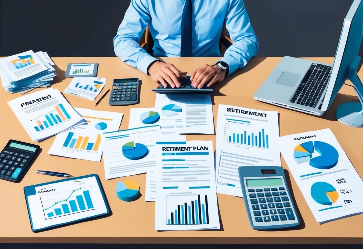 A person reviewing financial documents and retirement plans at a desk with a calculator, computer, and various charts and graphs spread out in front of them