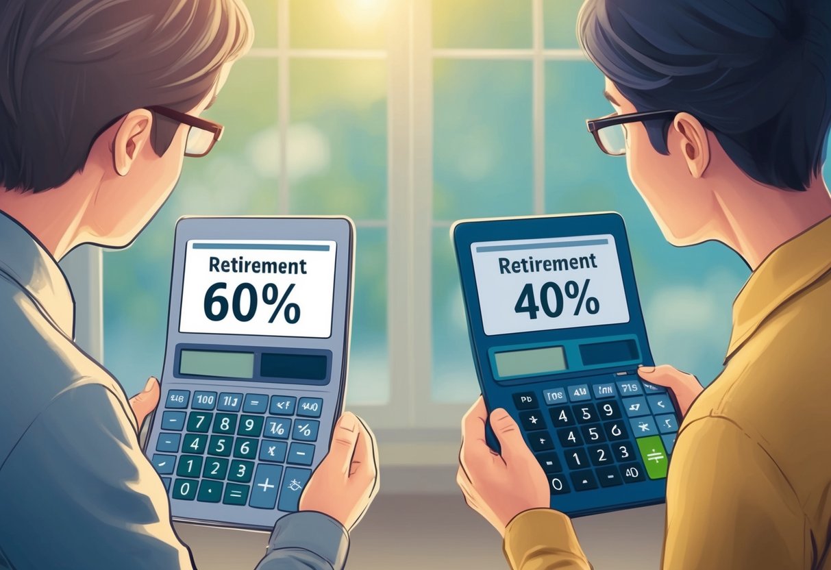 A person in their 40s looking at two different retirement calculators, one showing a comfortable retirement and the other showing a more realistic financial outlook