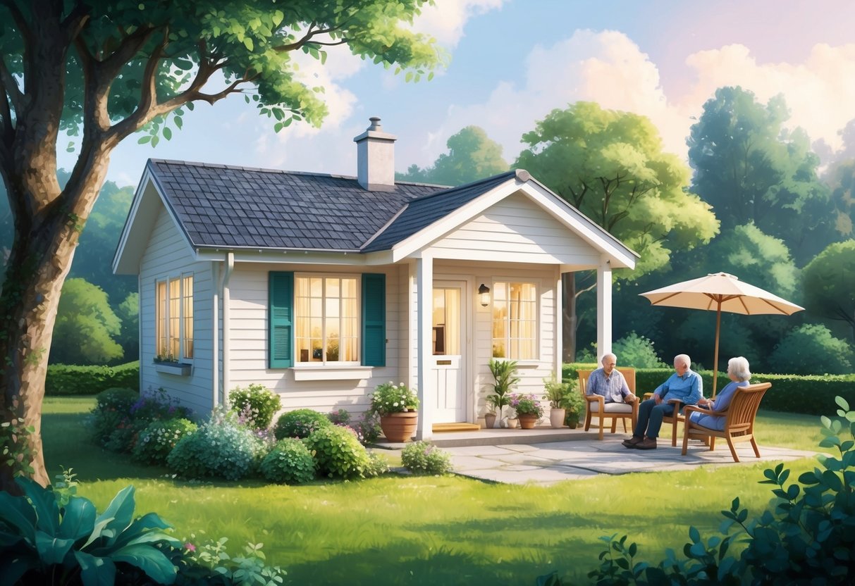 A cozy, modest home surrounded by lush greenery, with a small garden and a comfortable outdoor seating area. A couple of older adults are seen enjoying a peaceful retirement lifestyle