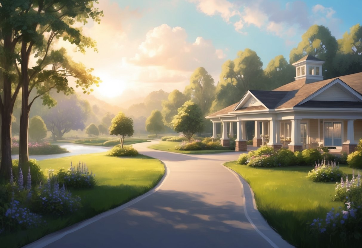 A serene, sunlit landscape with a winding path leading to a peaceful retirement community, surrounded by lush greenery and blooming flowers