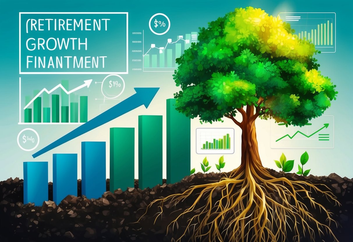 A vibrant tree with roots deep in soil, surrounded by growing investments and financial charts, symbolizing continued financial growth during retirement